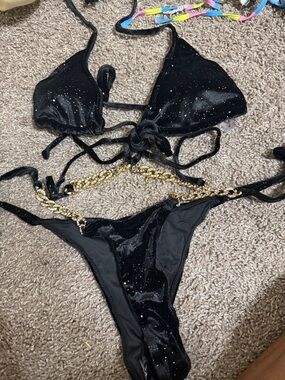 Black Sparkle Velvet Bikini Set with Gold Chain Accent